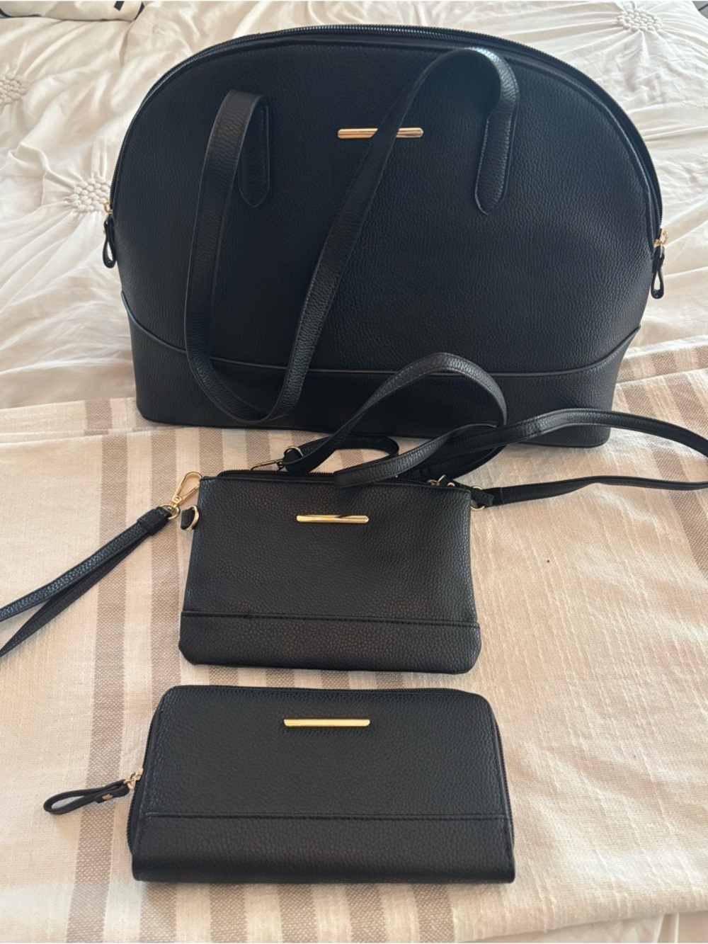 Black Pebbled Leather Dome Tote with Matching Wallet & Crossbody (3 Piece Set)
